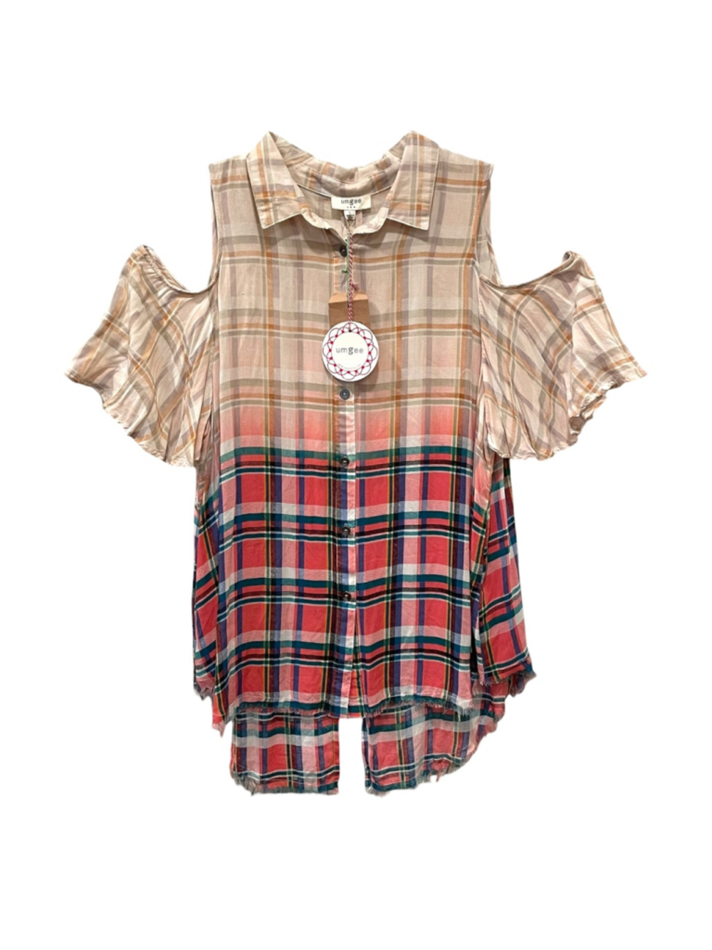 Umgee Womens Size Large Plaid Cold Shoulder Top Button Down Oversized